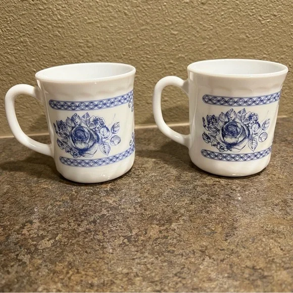 2 Arcopal Honorine Cups Coffee Mugs France Blue White Farmhouse French Rose